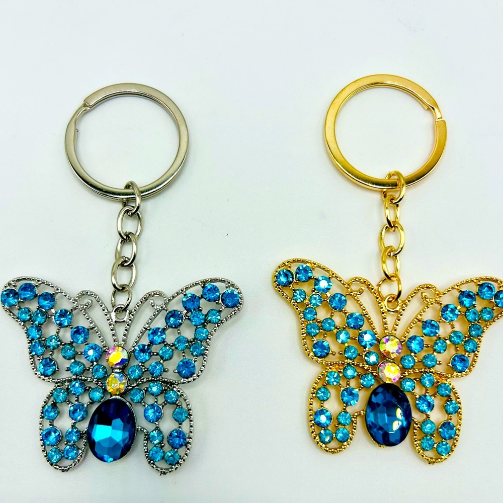 💙💚 Teal Crystal Butterfly Keychain Bag Charm – Silver or Gold